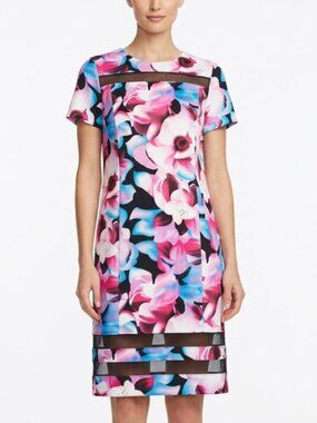 Pierri Floral Print Shift Dress with Sheer Mesh Insets Size 14